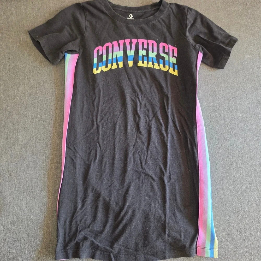 Converse Girls Black Rainbow Logo Stripe T-Shirt Dress Size L 12-13 Yrs